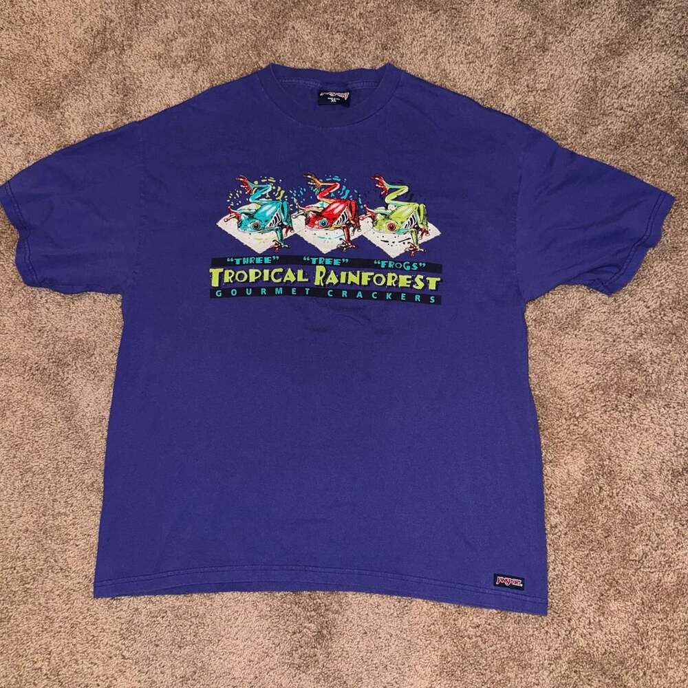 Vintage JanSport Tropical Rainforest Gourmet Crackers T-Shirt XL Purple FROGS